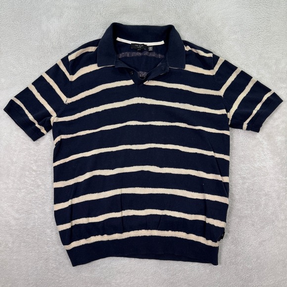 Ted Baker Other - Ted Baker London Mens Size 5 XL Knit Polo Shirt Navy Blue Cream Striped Cotton